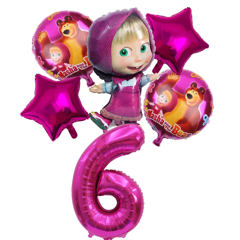 A set of six pink foil balloons featuring characters from Masha and the Bear