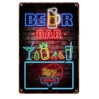 A dark metal sign with neon lights spelling out BEER BAR and showing a 24/7 OPEN clock.