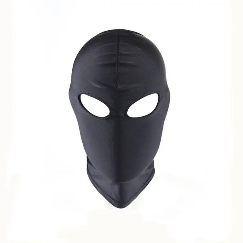 Black leather BDSM head harness and blindfold for roleplay