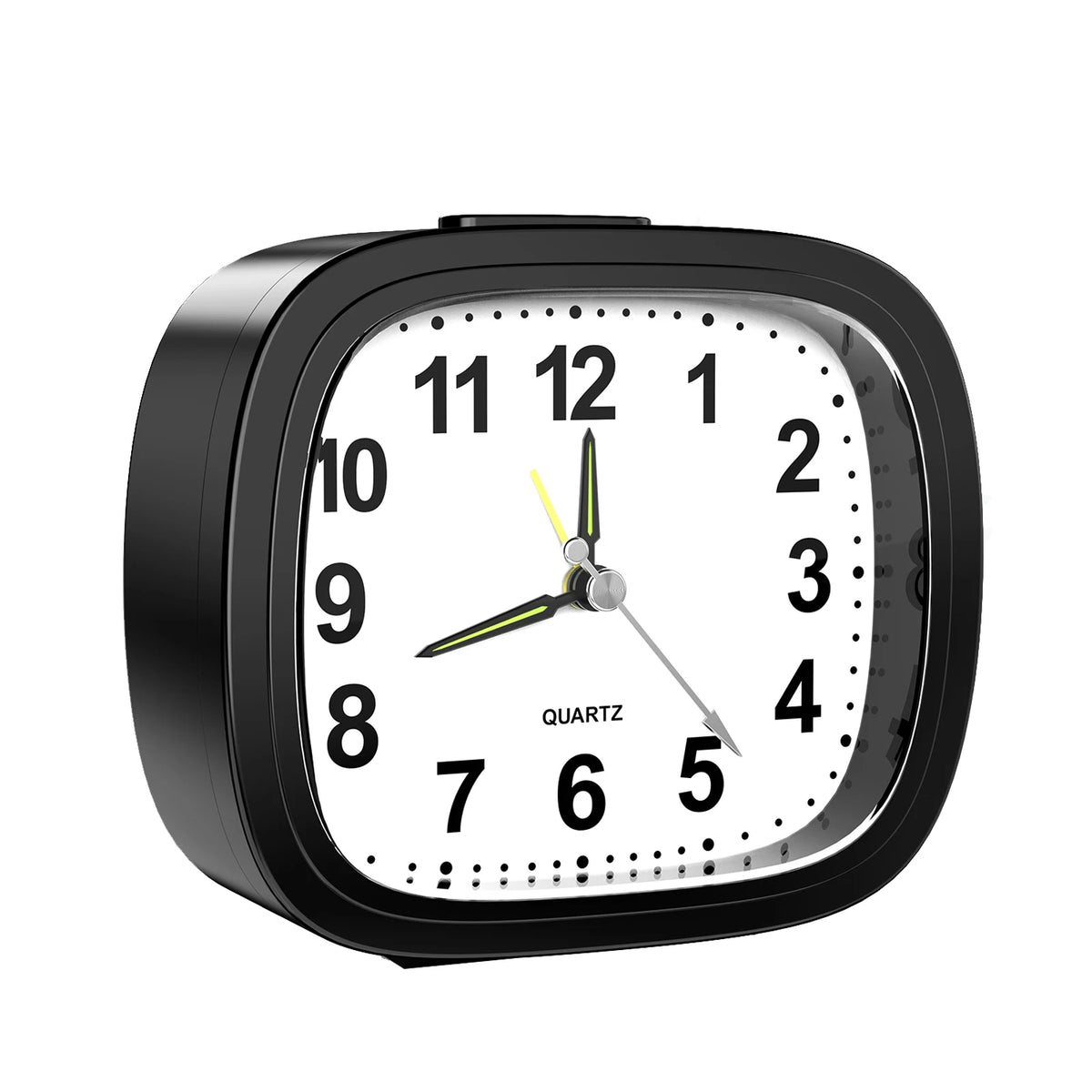 A black analog alarm clock face showing the time, with a yellow-green hand pointing towards 10 o'clock.