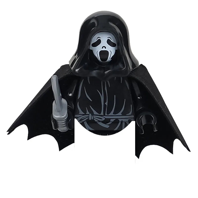 Black horror movie icon figure built from building blocks featuring a ghostly face and hood