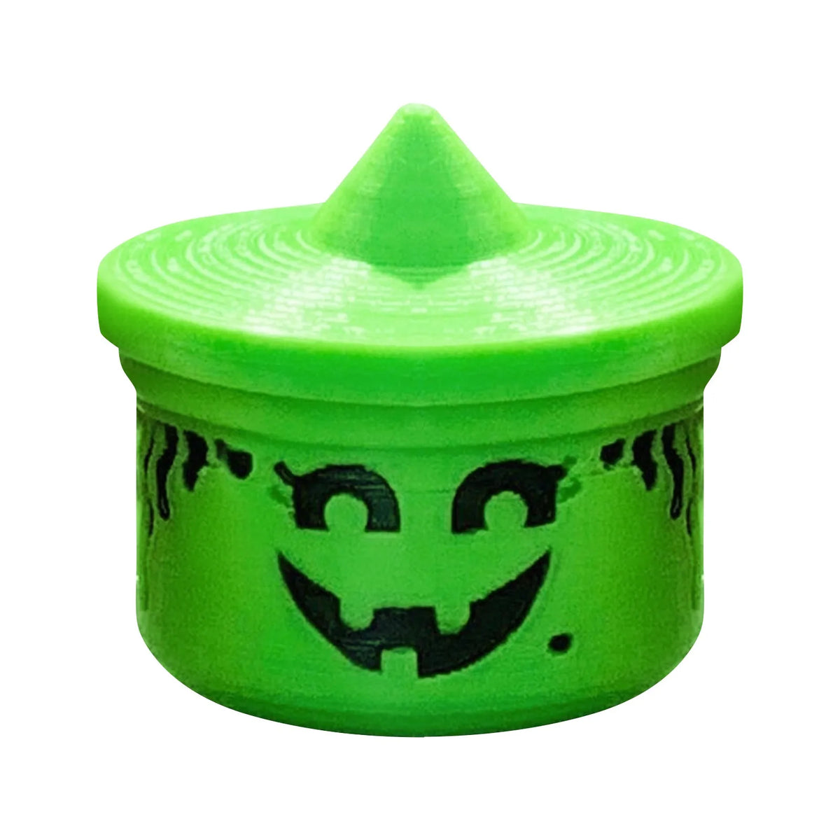 A bright green miniature pumpkin bucket with a smiling face and a pointed lid.