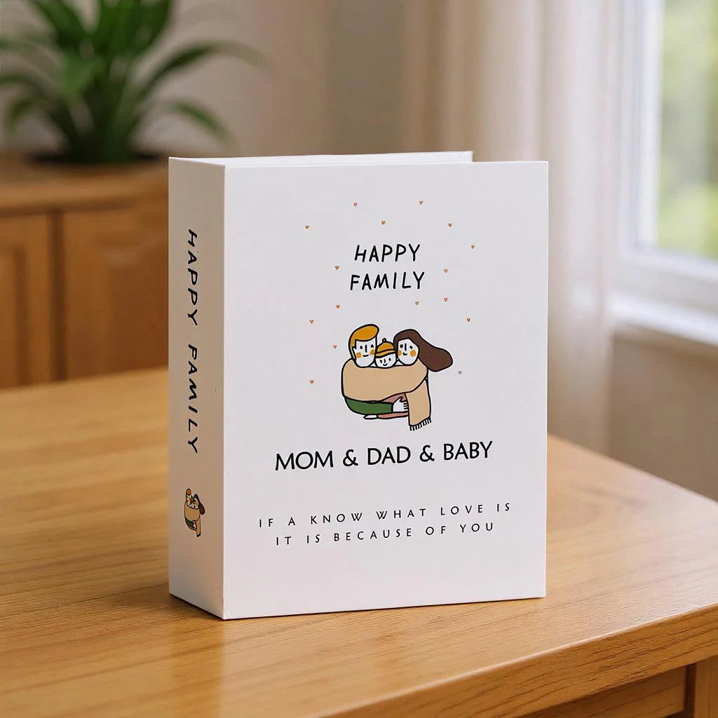 A white photo album cover featuring a cartoon illustration of a mother, father, and baby with the text Happy Family Mom & Dad