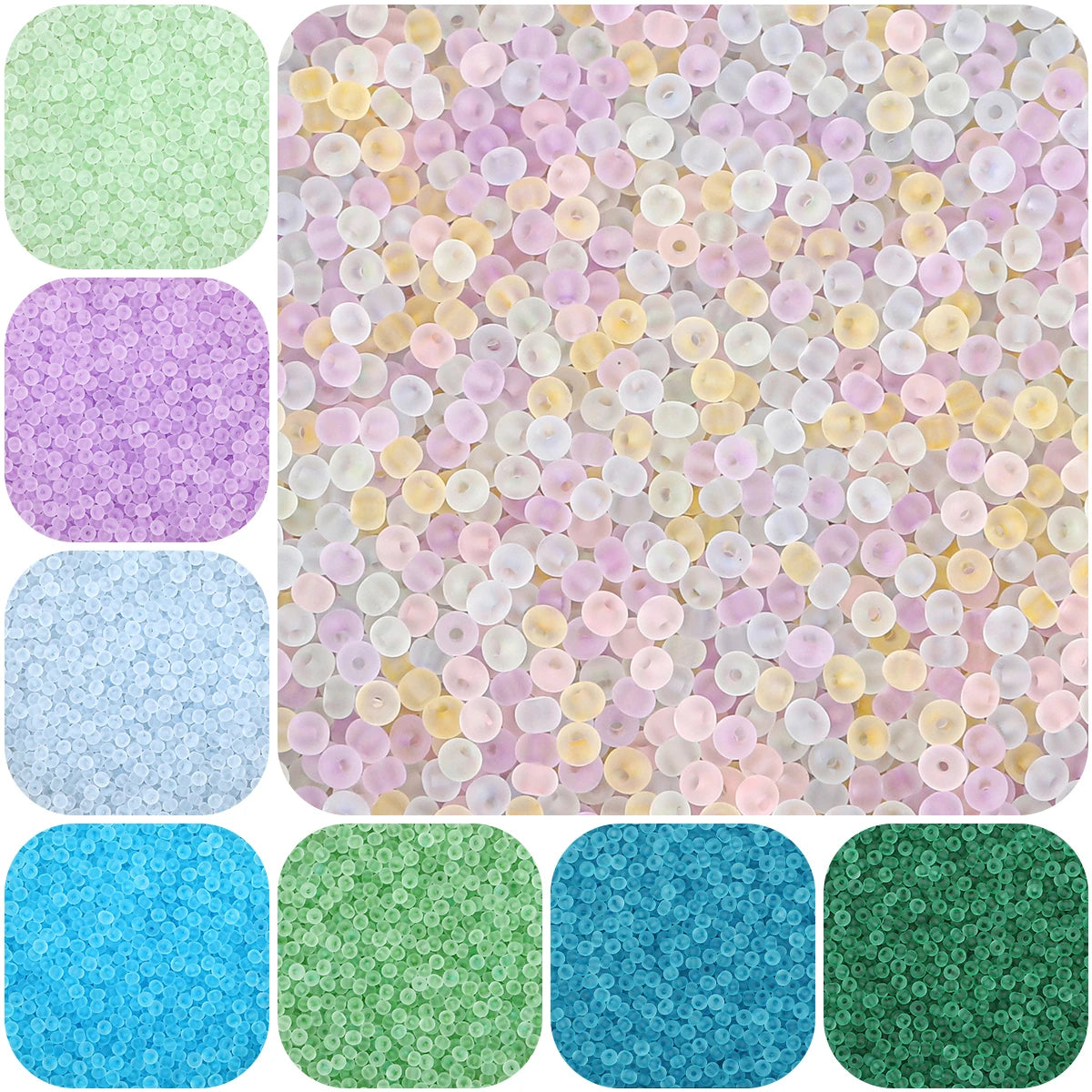 A collection of colorful frosted glass rice beads in various shades of pink, yellow, green, and blue.