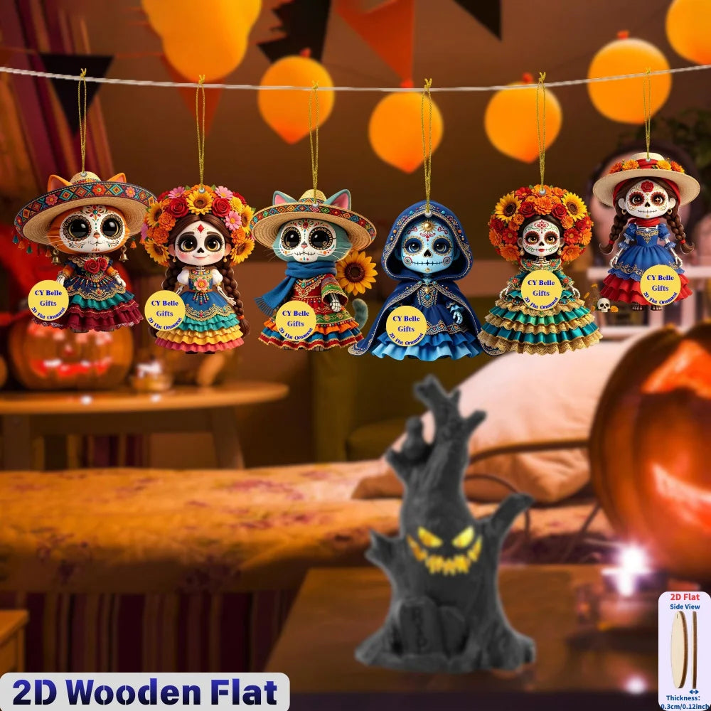 A collection of 9 colorful flat wooden skull ornaments hanging from strings, used for Halloween and Day of the Dead decor.