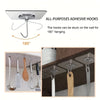All-purpose adhesive hooks demonstrating 180 degree hanging capability for various items like coats and towels.