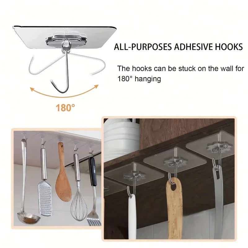 All-purpose adhesive hooks demonstrating 180 degree hanging capability for various items like coats and towels.