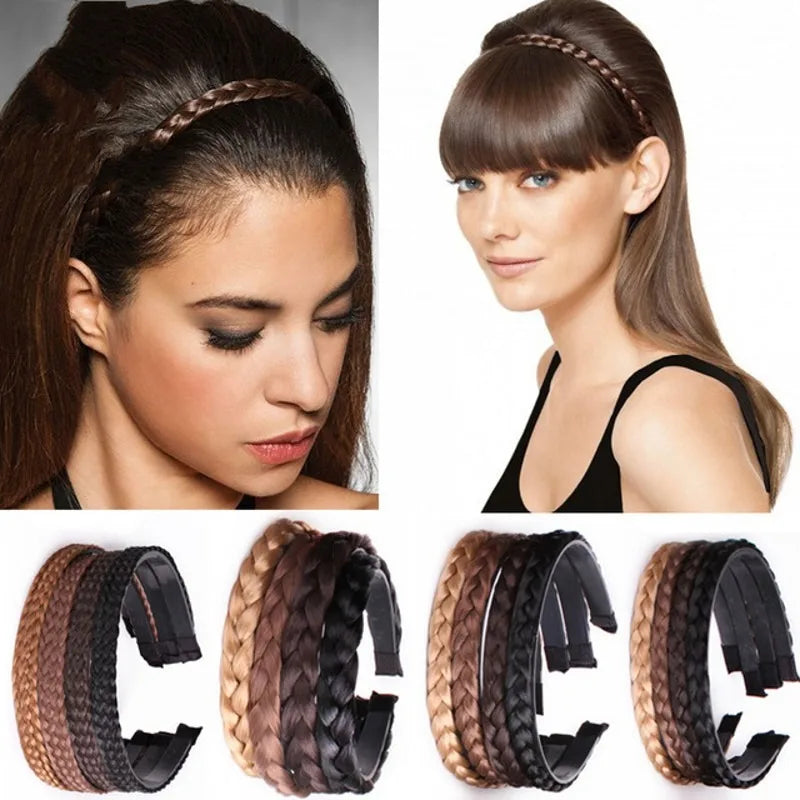 A set of four bohemian hair bands in various shades of brown and black braided hair accessories.