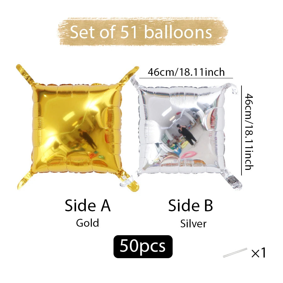 Set of 51 double-sided square foil balloons, including a gold side and a silver side.