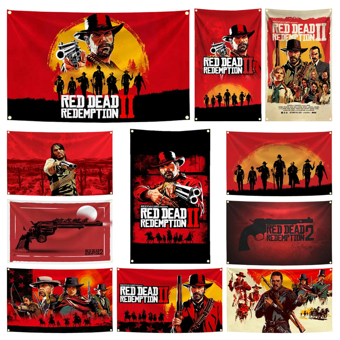 A collection of various Red Dead Redemption 2 themed flags and tapestries featuring characters and scenes.