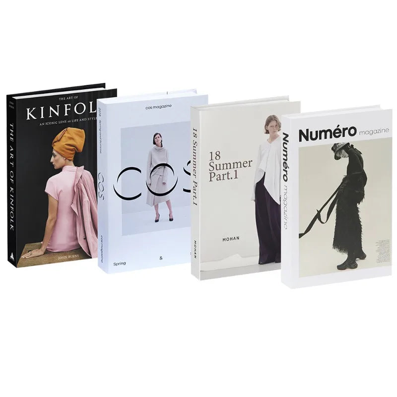 A set of three decorative faux books titled Kinfolk, Summer Part. 1, and Número magazine for home decor.