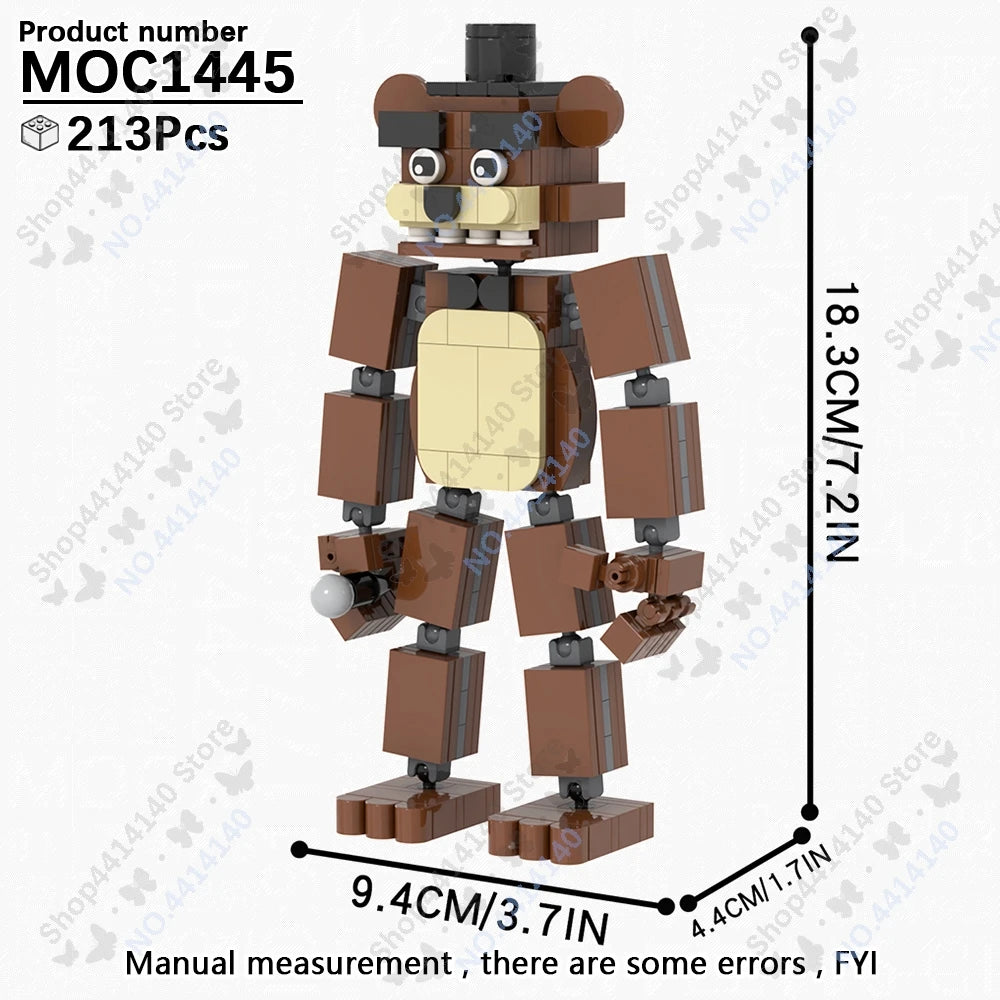 A brown building block model of a bear character, the MOC1445 set, shown standing upright.