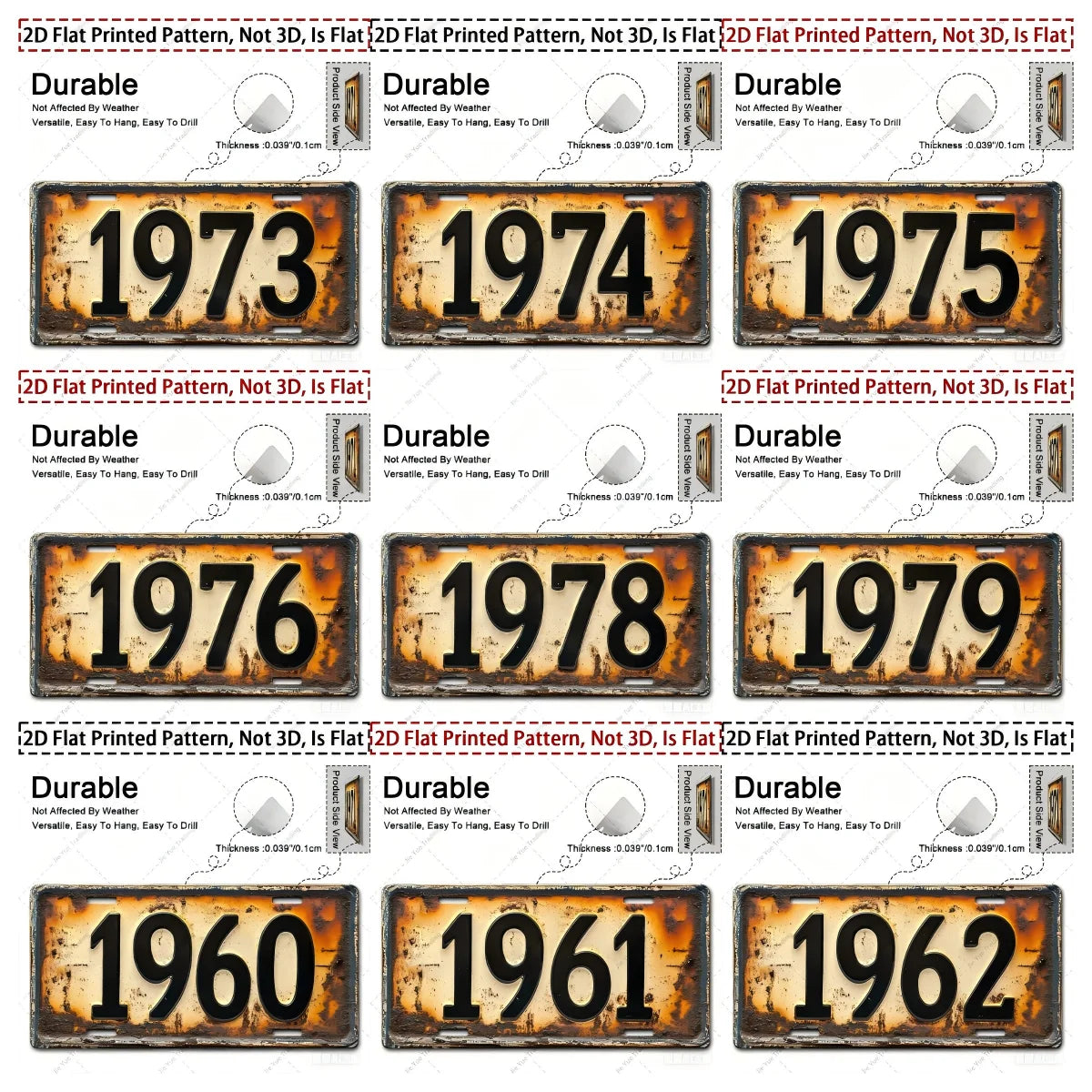 Colección de letreros de pared de aluminio vintage de 1960 a 1979, con etiquetas que indican impresión plana.