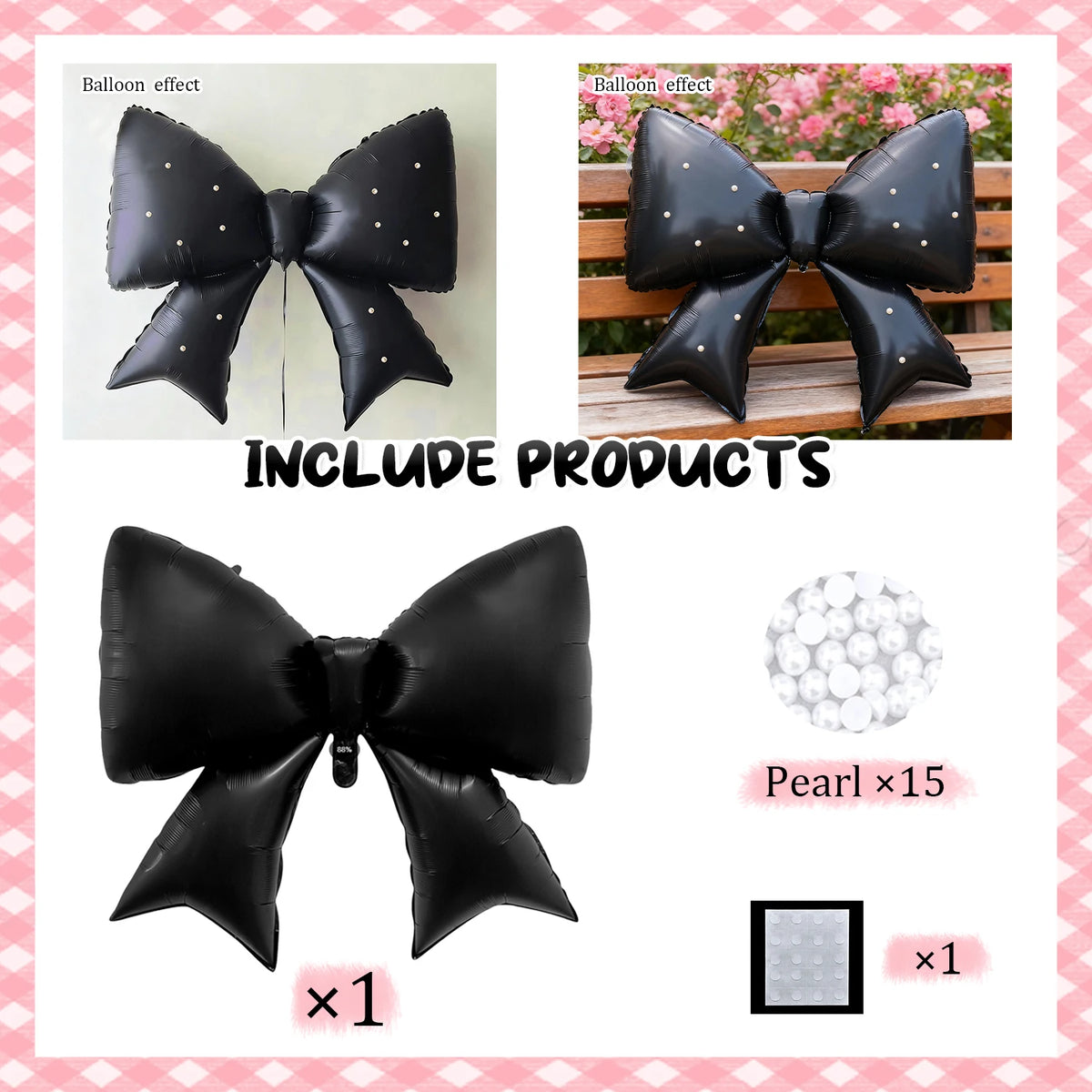 Black satin bow balloon weight with pearl accents for party decorations