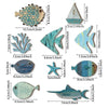 A set of ten wooden hanging fish wall decorations in various shades of blue and teal.