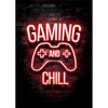 Texto brillante rojo neón sobre fondo de ladrillo oscuro que dice GAMING AND CHILL con un icono de controlador blanco.