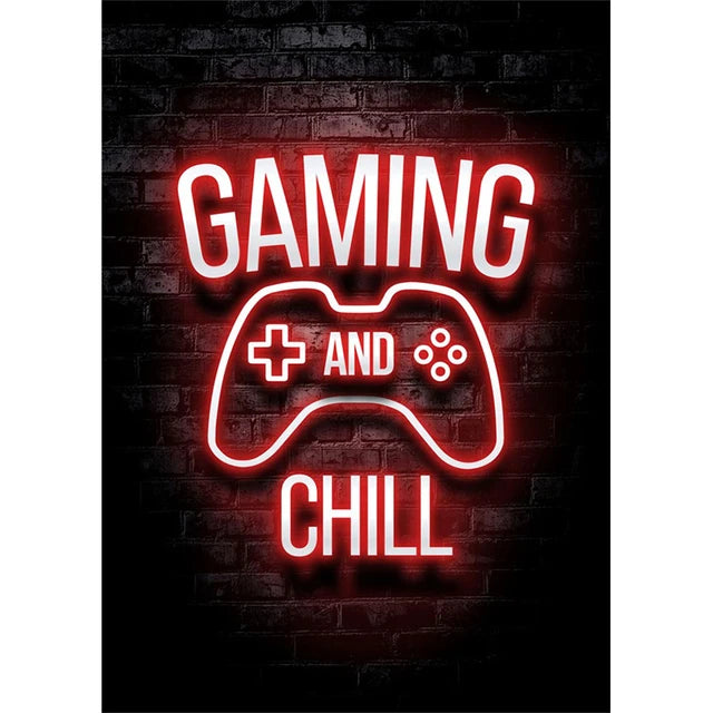 Texto brillante rojo neón sobre fondo de ladrillo oscuro que dice GAMING AND CHILL con un icono de controlador blanco.