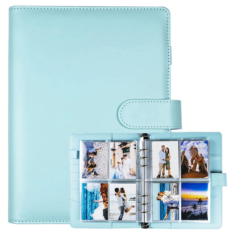 A light blue reusable A5 Kpop photocard album binder with clear plastic sleeves.