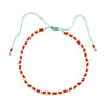 Handmade boho glass bead bracelet with adjustable cord featuring red and gold beads.