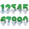 A set of custom number birthday candles from 1 to 5 decorated with green and silver glitter and soccer ball accents.