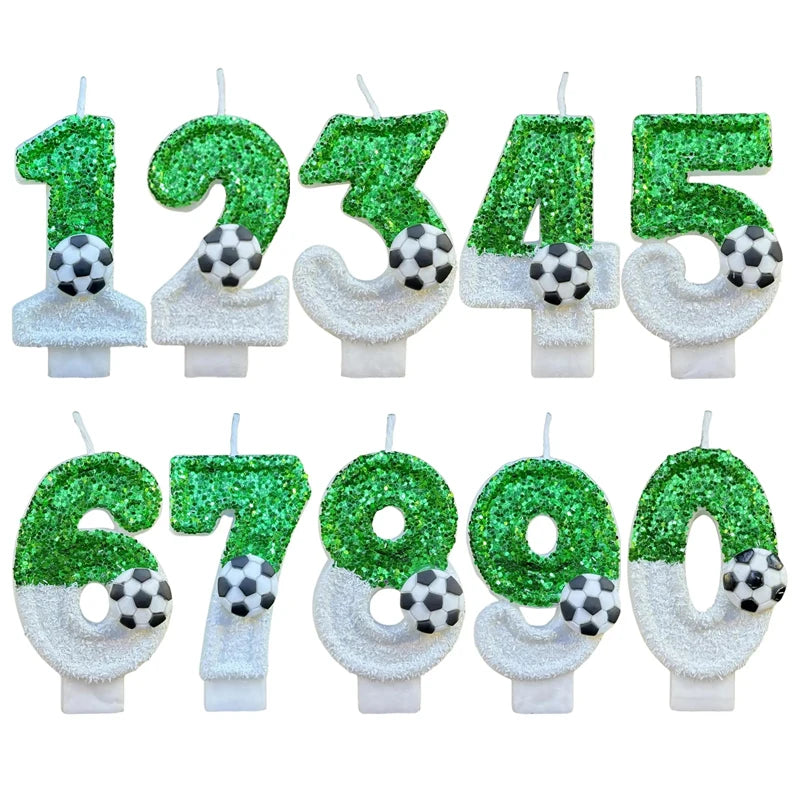 A set of custom number birthday candles from 1 to 5 decorated with green and silver glitter and soccer ball accents.