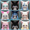A grid of nine customizable furry cosplay heads featuring various colors and styles including pink, black, white, and blue.