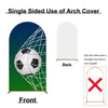 Single sided use of an arch cover showing the front and back view of a soccer football net backdrop.