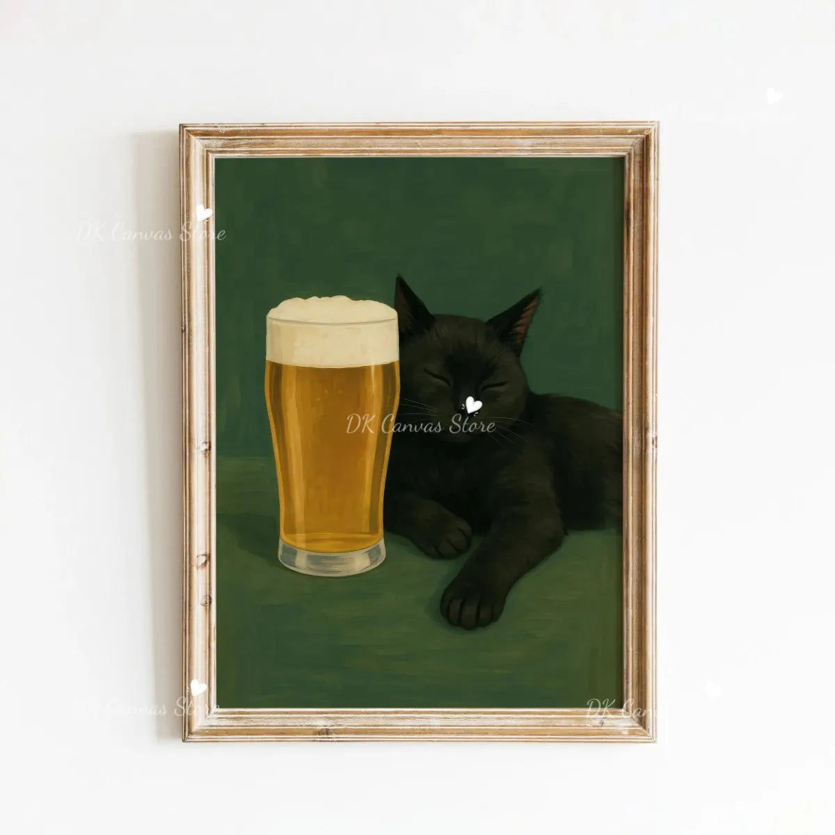 A canvas art print featuring a black cat sitting on a green surface next to a glass of beer, framed in wood.