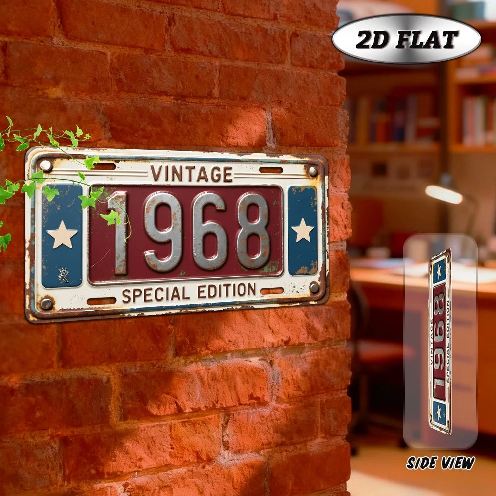 A vintage metal plaque with the year 1968 is mounted on a red brick wall.