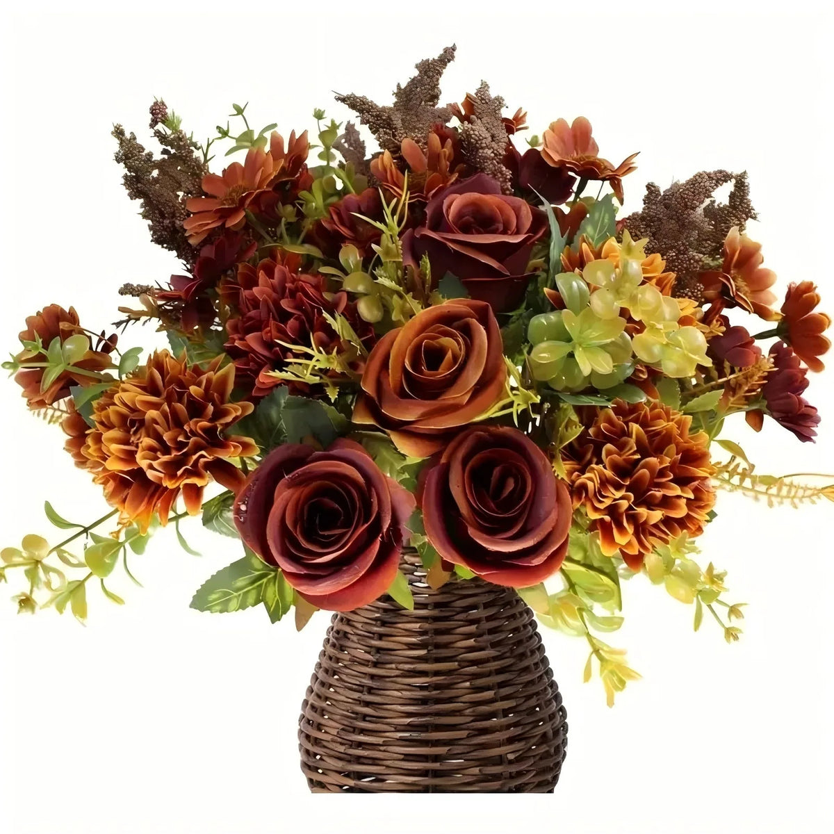 Artificial mixed flower bouquet featuring deep red roses, dried textures, and yellow accents in a woven basket.