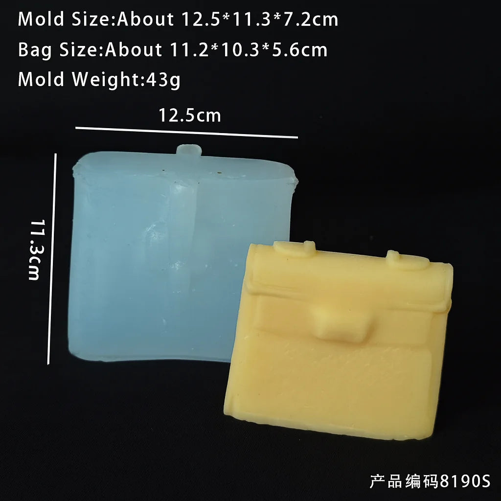 A light blue silicone mold and a yellow silicone bag are shown next to each other.