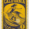 A vintage yellow and blue postage stamp featuring a woman surfing on a wave, labeled CALIFORNIA.