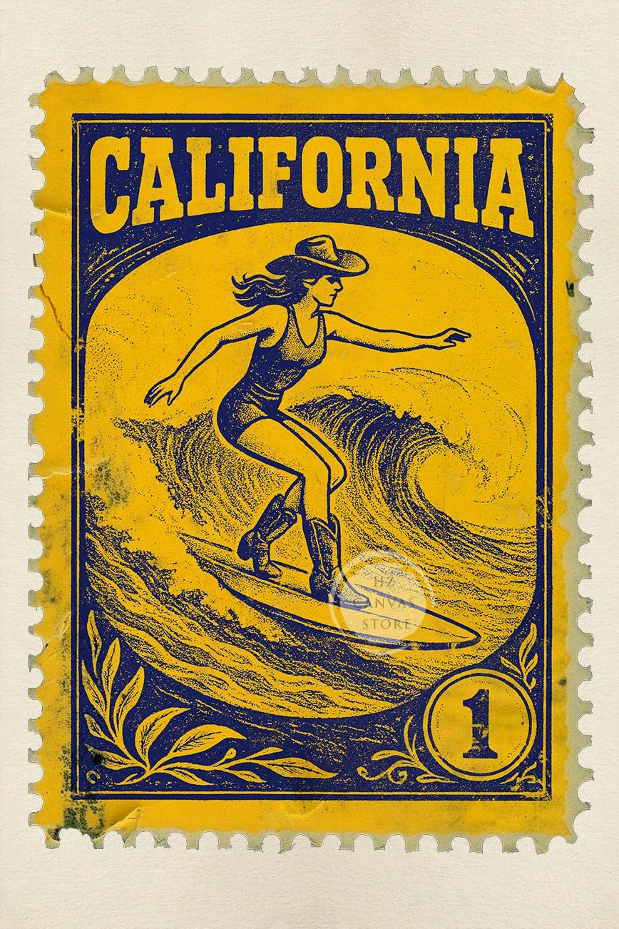 A vintage yellow and blue postage stamp featuring a woman surfing on a wave, labeled CALIFORNIA.