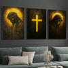 Three dark canvas prints featuring religious themes of Jesus and the Virgin Mary with golden light
