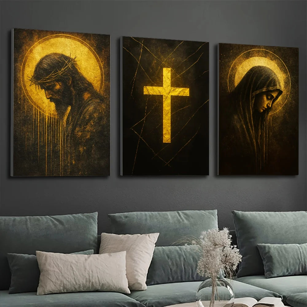 Three dark canvas prints featuring religious themes of Jesus and the Virgin Mary with golden light