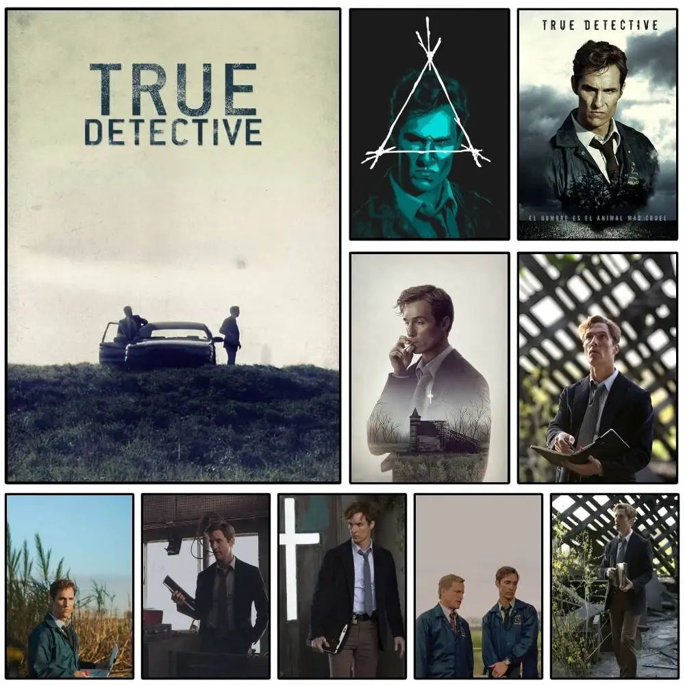 A collage of True Detective movie posters featuring various actors and scenes.