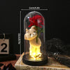 A glass dome lamp featuring a teddy bear figurine and an eternal red rose, illuminated from within.
