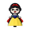 A small, stylized black silicone bead shaped like a woman with black hair and a red bow, wearing a yellow dress with blue acc