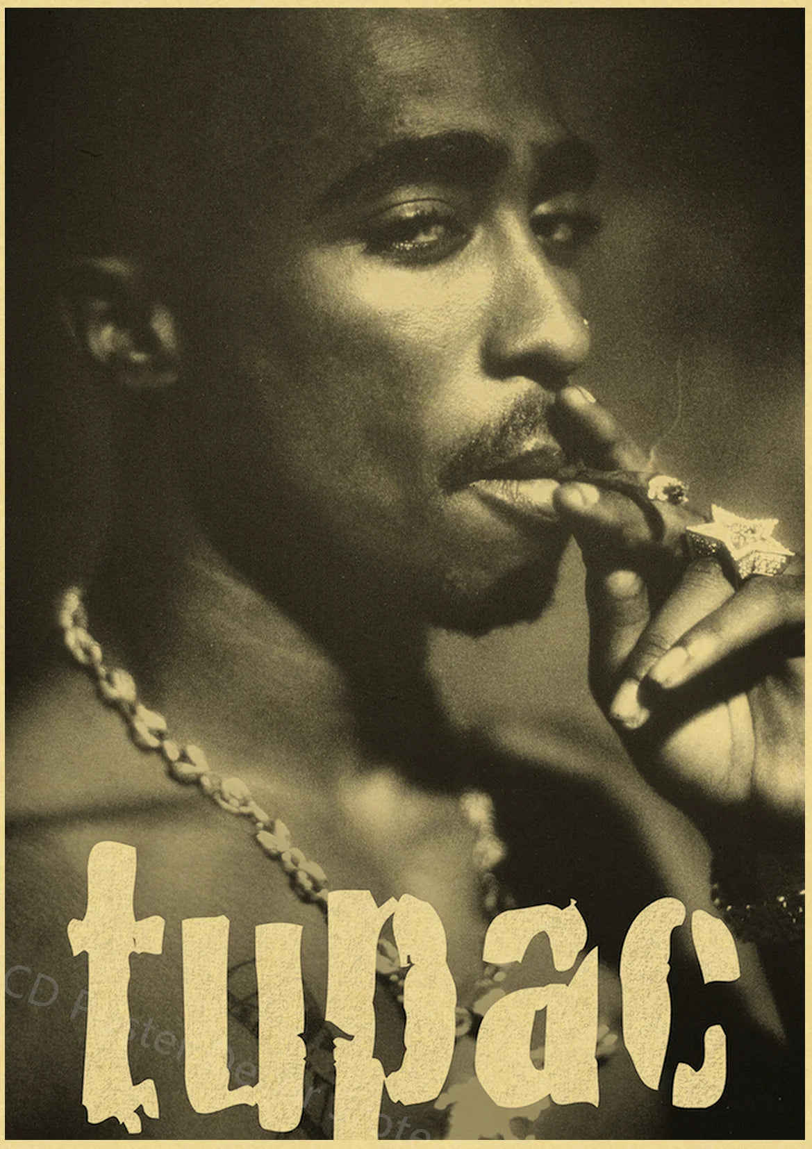 A close-up black and white portrait of Tupac with a piercing, intense gaze.