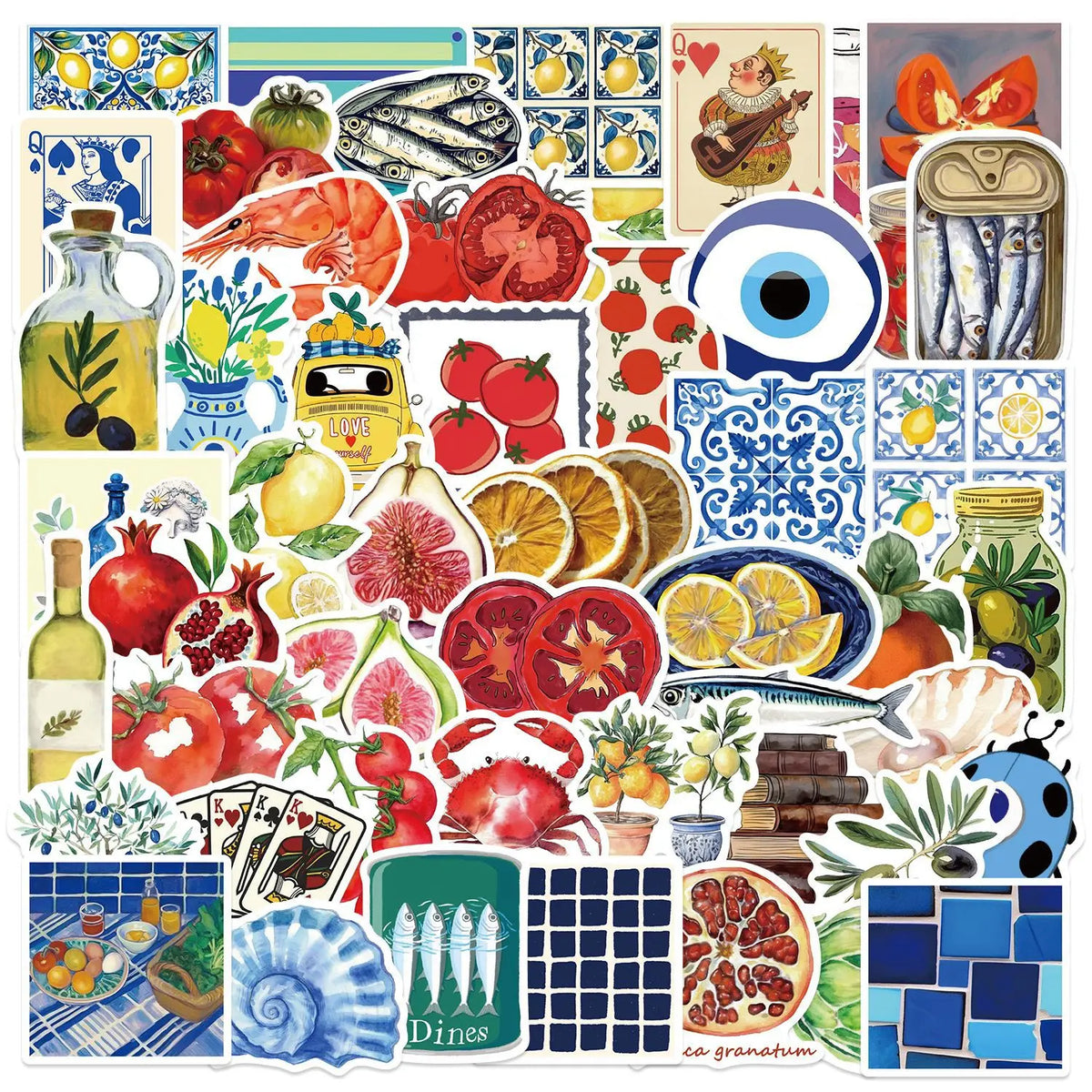 A collection of cute pink graffiti stickers featuring various fruits, vegetables, and food items.