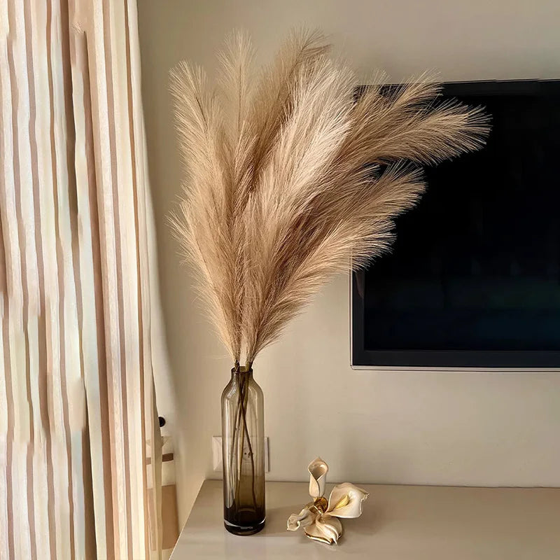 A tall dried pampas grass stem in a glass vase displayed next to a dark framed picture and a light-colored curtain.