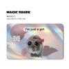 A holographic sticker featuring a cute, furry cat face with large eyes and a pink bow.