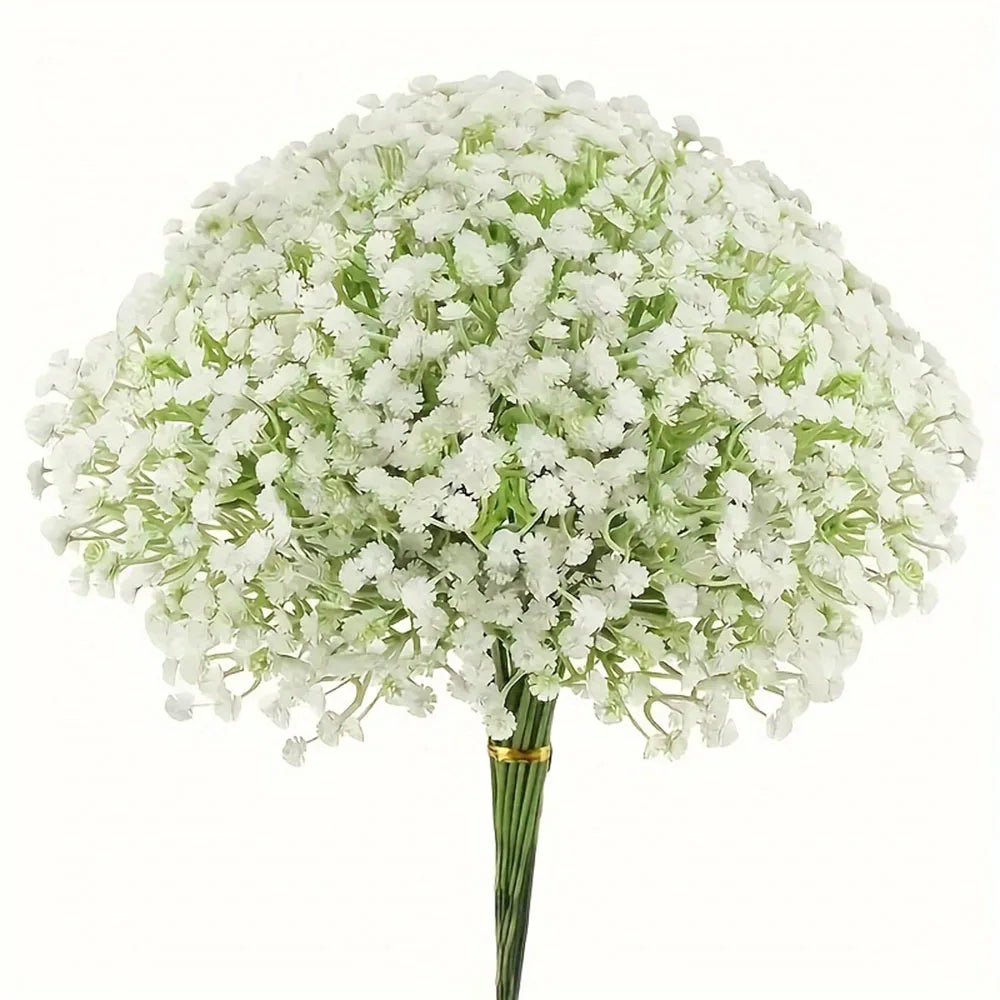 A bouquet of white baby's breath flowers on a green stem for weddings and home decor.
