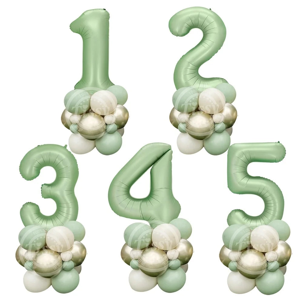 A set of vintage green balloon numbers 1 through 5 for birthday decor