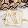 A gold plastic dinnerware set for 25 guests featuring a fork, knife, and spoon displayed on a white plate.