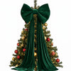 Elegant velvet green Christmas tree topper bow with long streamers and ornaments