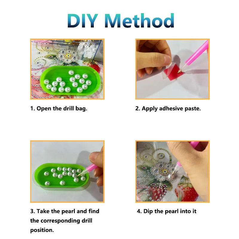 Instructions for a DIY Santa Pearl Diamond Painting Kit showing steps to open the drill bag, apply adhesive paste, and dip pe