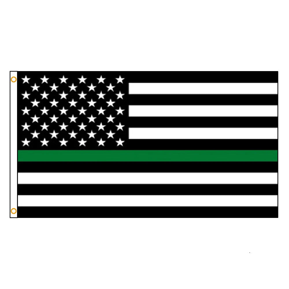 A black and white flag design featuring the stars and stripes pattern with a green horizontal stripe.