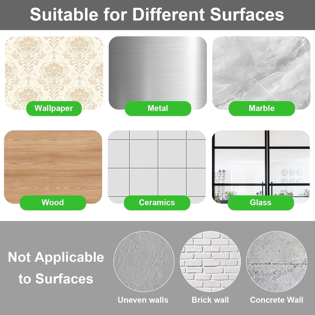 Picture hanging hooks suitable for various surfaces including wallpaper, metal, marble, wood, ceramics, glass, and concrete.