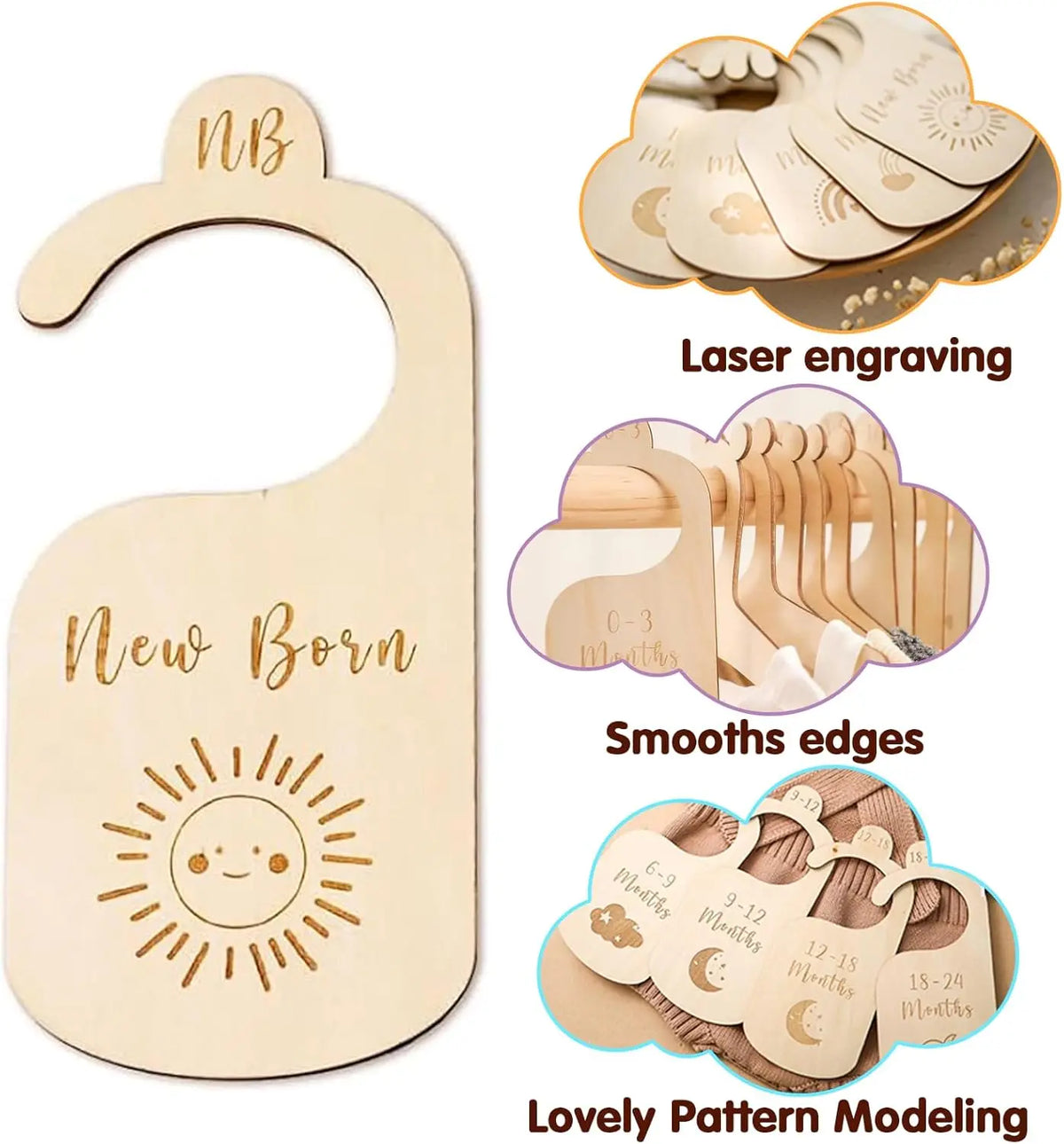 A set of seven wooden baby closet dividers with laser engraved and patterned edges for newborn to toddler clothing.
